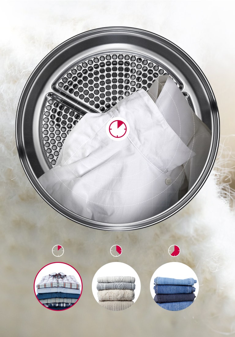 The drum of the dryer is shown with a clock icon in the center to show how long it takes to dry a shirt, sweater, and jeans. The drum circles, the material changes and Sensor Dry changes the time needed.