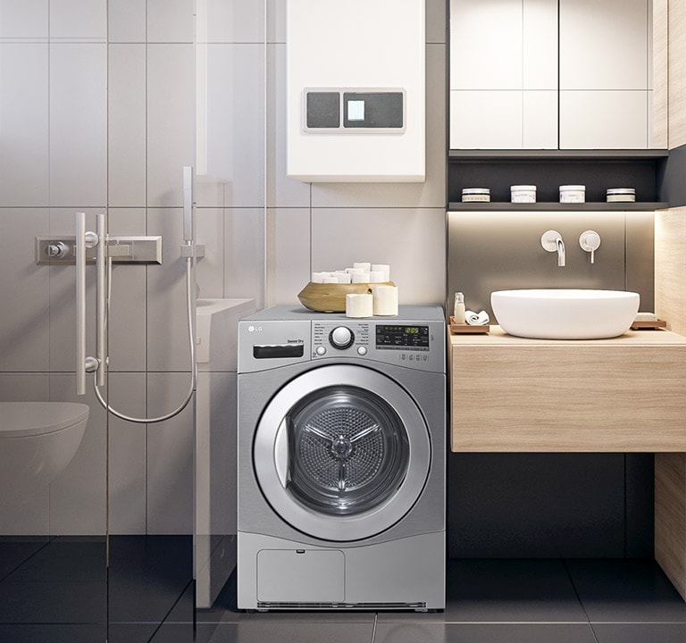 The Condensing Type Dryer is shown in a bathroom, with two side by side in a utility room, with two dryers stacked one on top of the other on a veranda, and with one in a living room closet. 