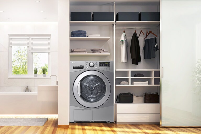 The Condensing Type Dryer is shown in a bathroom, with two side by side in a utility room, with two dryers stacked one on top of the other on a veranda, and with one in a living room closet. 