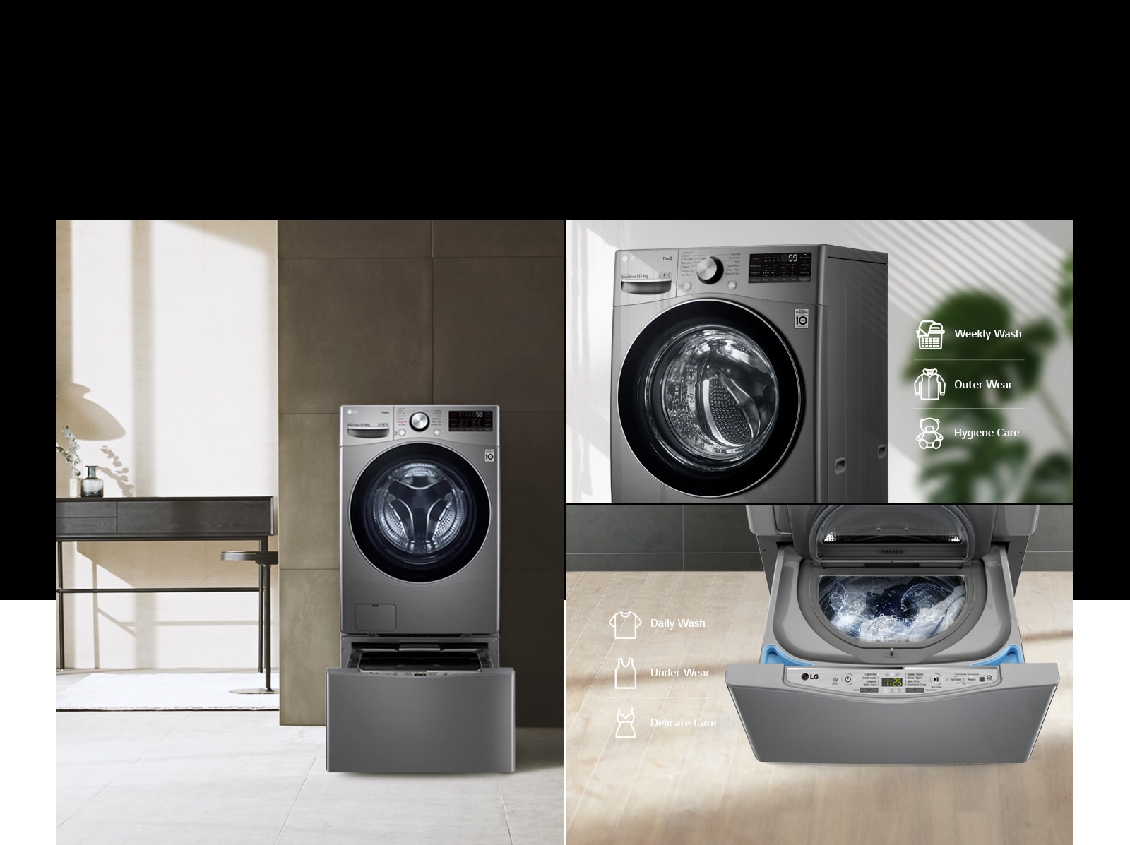 A collage of images showcasing the TWINWash Mini Compatible washer in a modern style home.