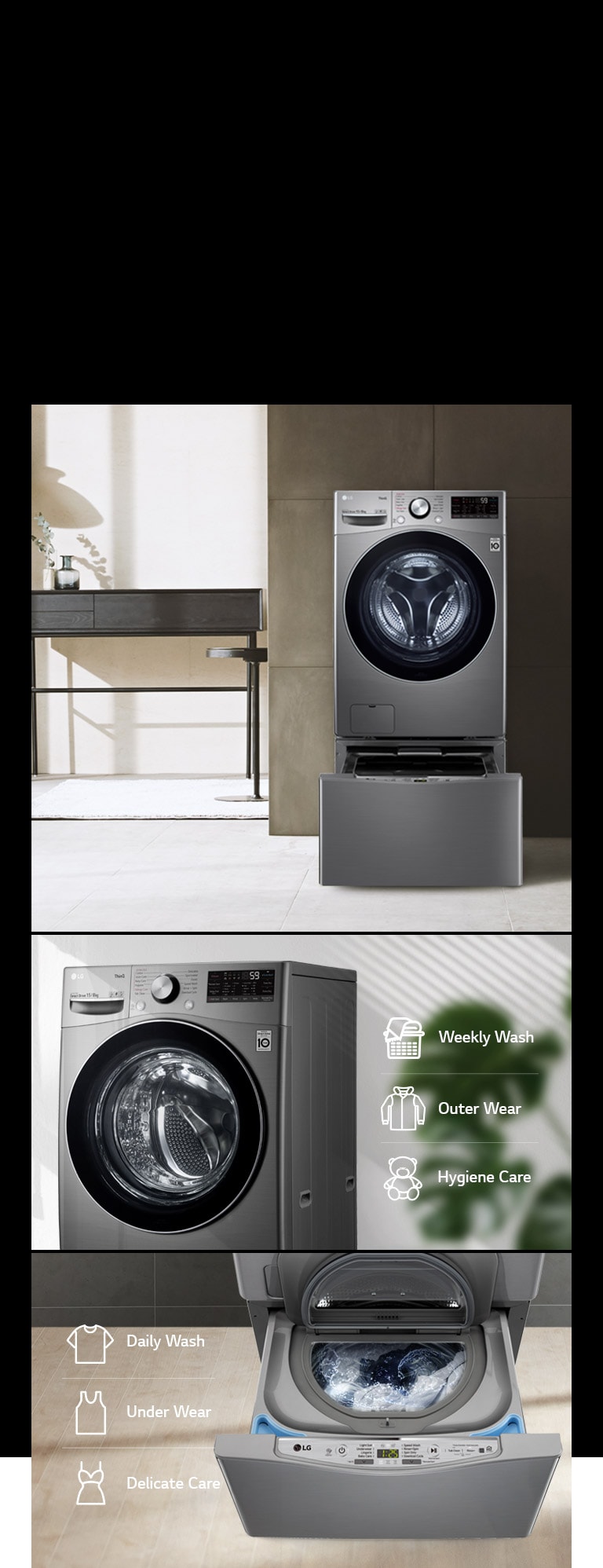 A collage of images showcasing the TWINWash Mini Compatible washer in a modern style home.
