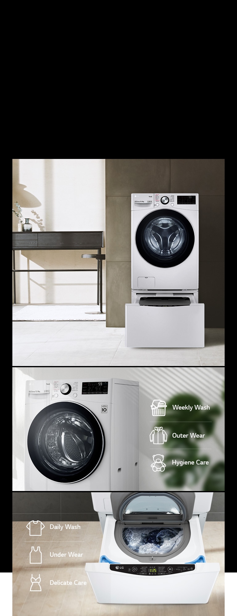 A collage of images showcasing the TWINWash Mini Compatible washer in a modern style home.