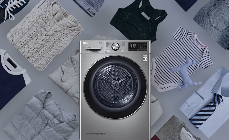 There are various fabrics behind the dryer.