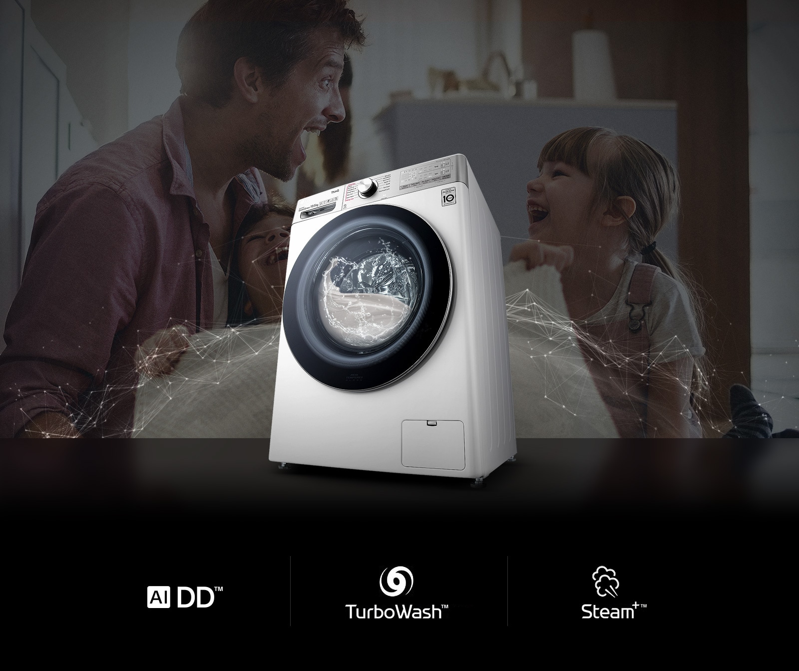 The washing machine is working against the background of the father and daughter laughing.