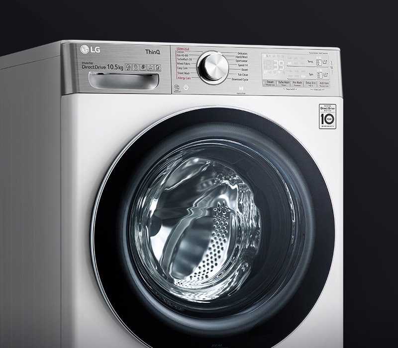 The image of the washing machine with the Tempered Glass Door clearly visible.