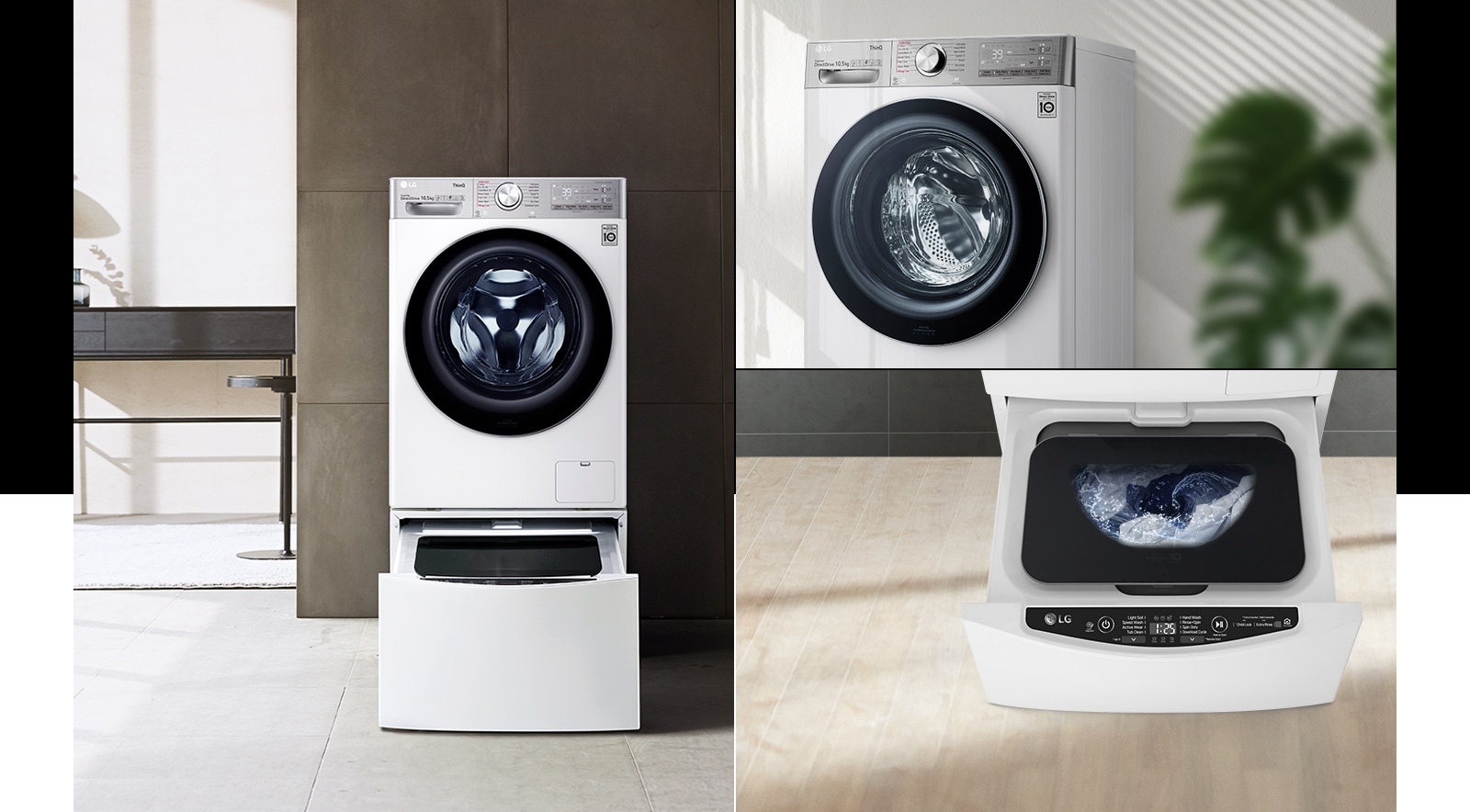 Three interior photos with twinwash and washing machine.