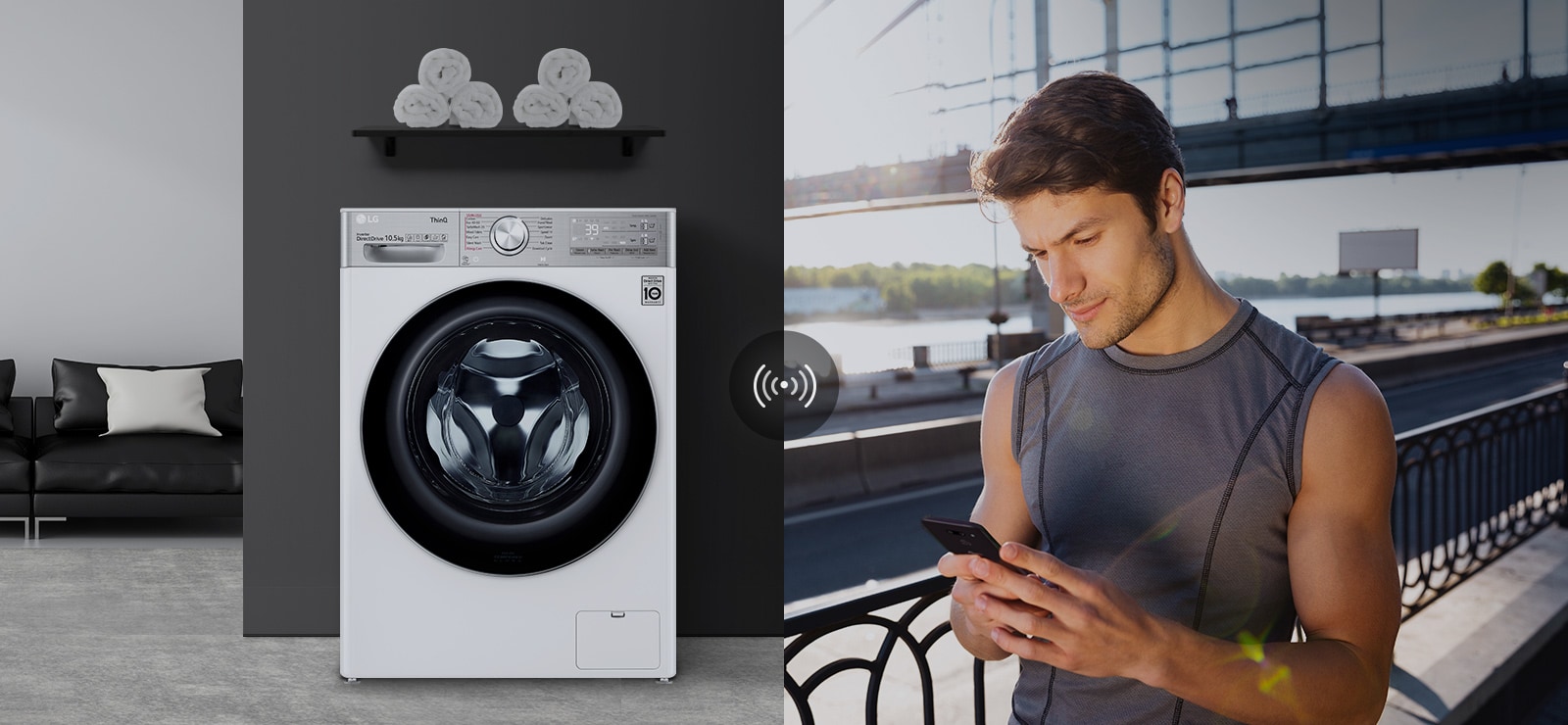 A man outdoors is checking the condition of a washing machine at home through a mobile phone app.