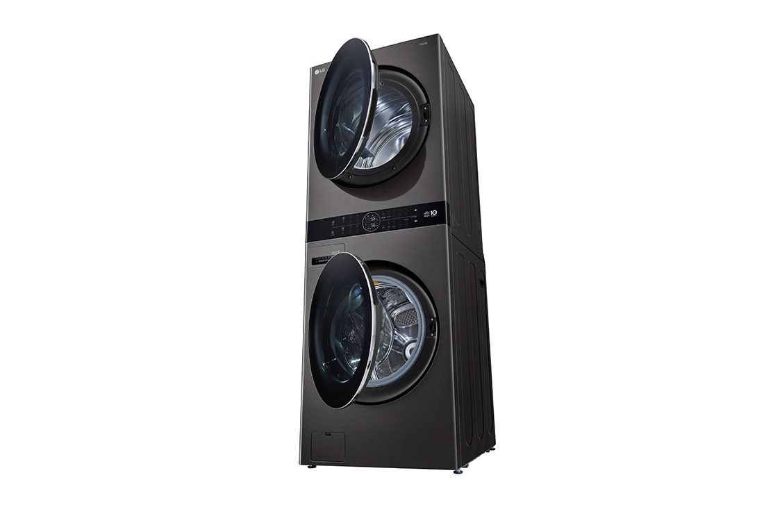 LG Single Unit Front Load 21/16kg LG WashTower™ with Centre Control™,  Black Steel color, Right side tilt View , WT2116BRK, thumbnail 12