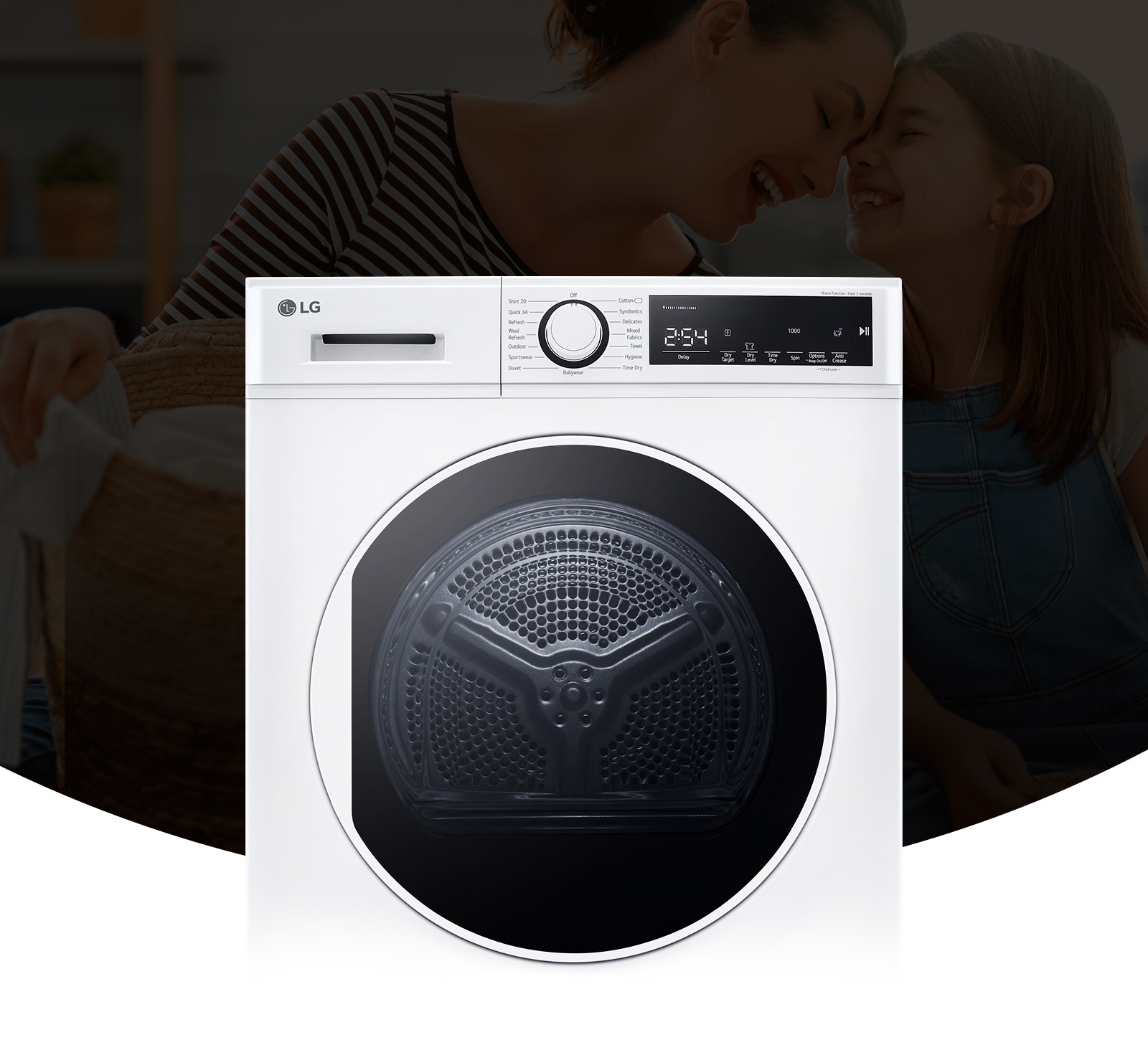 There is a dryer on the background of a smiling father and daughter.