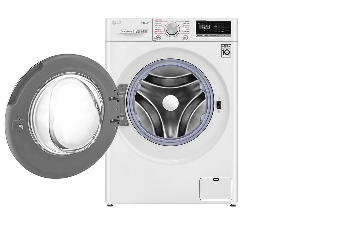 LG front loading Washer, 8 Kg, Bigger Capacity, AI DD, Steam, ThinQ, White, front view with open door, WV2149WVG, thumbnail 2