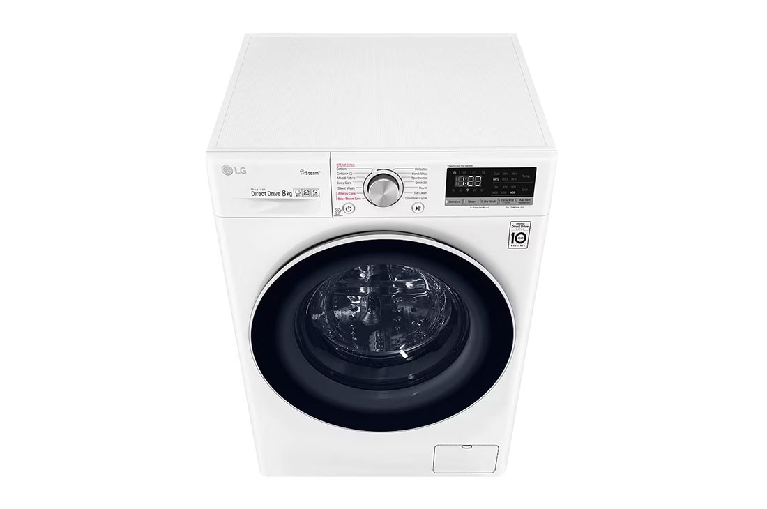 LG front loading Washer, 8 Kg, Bigger Capacity, AI DD, Steam, ThinQ, White, -15 degree side view with top open, WV2149WVG, thumbnail 9