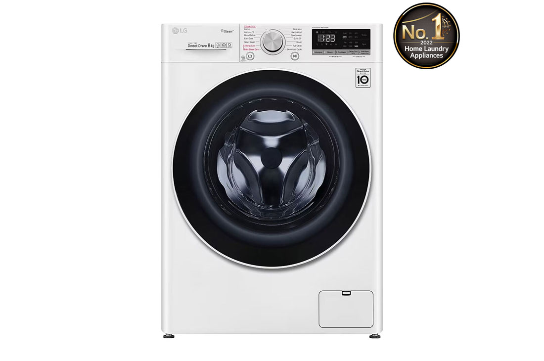 LG front loading Washer, 8 Kg, Bigger Capacity, AI DD, Steam, ThinQ, White, front view, WV2149WVG