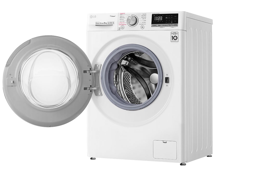 LG Vivace Washer, 9 Kg, Bigger Capacity, AI DD, Steam, ThinQ, 15 degree side view with open door, WV4149WVG, thumbnail 11