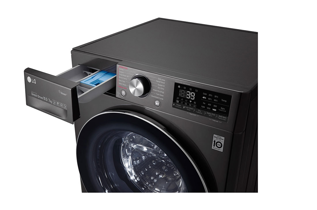 LG 10.5/7kg Front Load Washer & Dryer, AI DD™, TurboWash™360˚, Black Steel Color, Drawer open, F4V9RCP2E, thumbnail 5