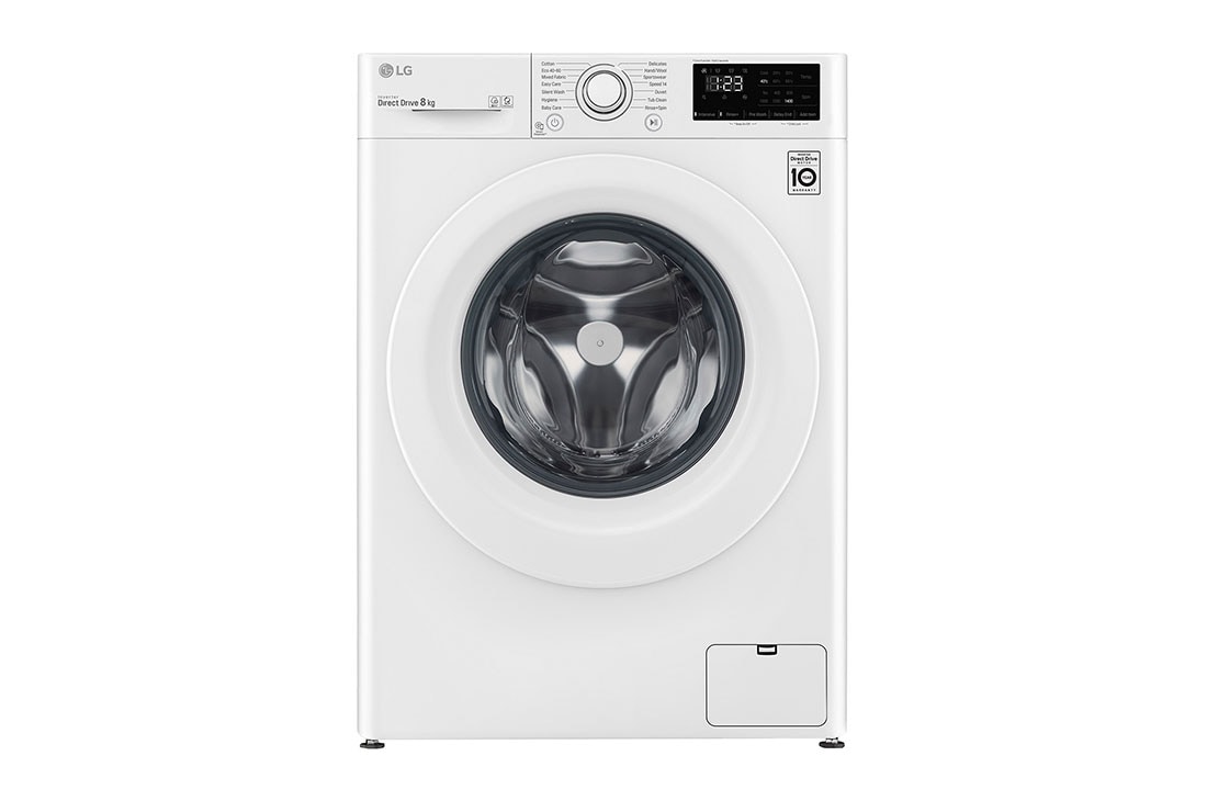 LG 8Kg Front Load Washer, AI DD™, Steam™,STS Lifter, White Color, front view, F2V3PYP3WE