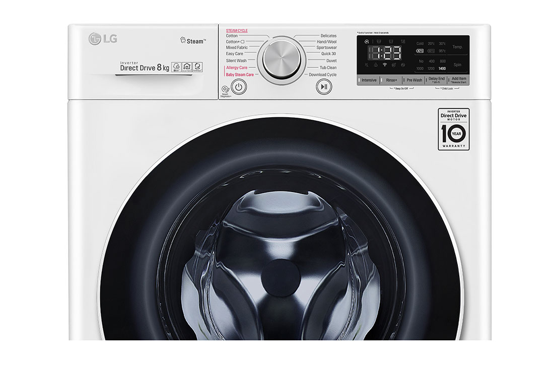 LG 8Kg Front Load Washer, AI DD™, Steam™,White Color, Front top view, F4V5TYP0W, thumbnail 6