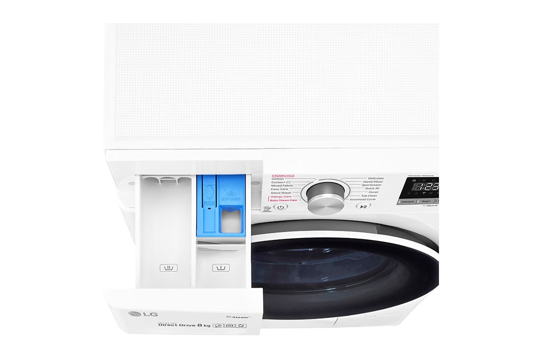 LG 8Kg Front Load Washer, AI DD™, Steam™,White Color, Top perspective view with detergent port open, F4V5TYP0W, thumbnail 7