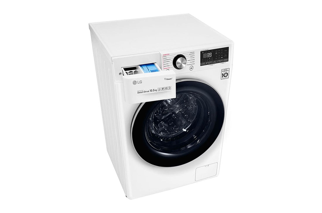 LG 10.5/7kg Front Load Washer & Dryer, AI DD™, TurboWash™360˚, White Color, Top persppective with top drawer open, F4V9RCP2W, thumbnail 9