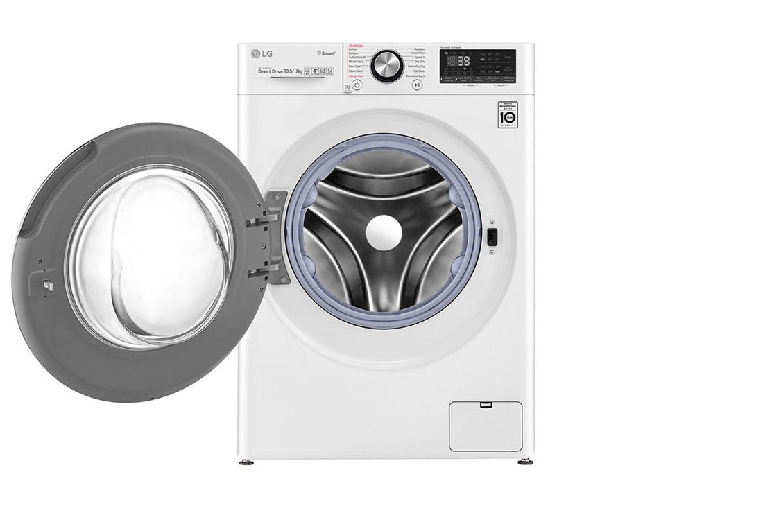 LG 10.5/7kg Front Load Washer & Dryer, AI DD™, TurboWash™360˚, White Color, Front view with door open, F4V9RCP2W, thumbnail 2