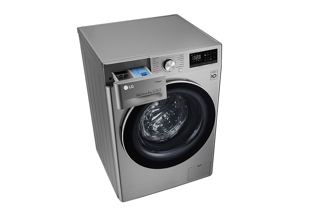 LG 8Kg Front Load Washer, AI DD™, Steam™, Silver Color, left top perspective with detergent port open, F4V5TYP2P, thumbnail 9