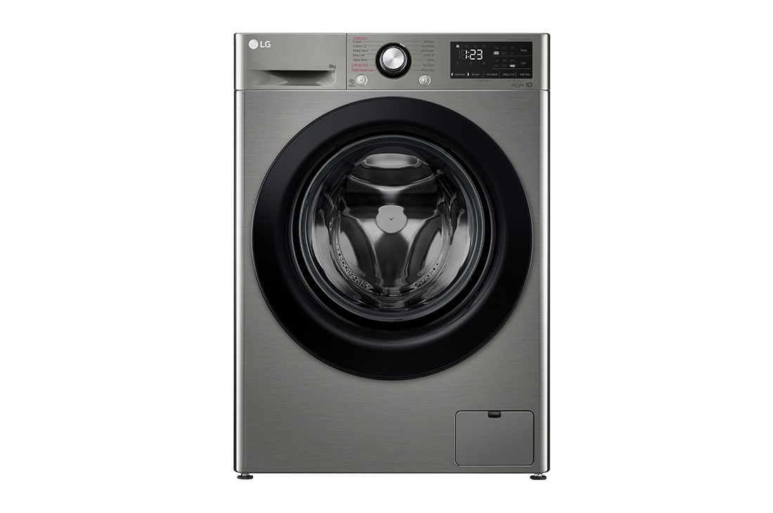 LG Front Load Washing Machine Silver Color, 8KG Capacity with AI DD™, Steam™ & ThinQ™, front view, WV2149PVG