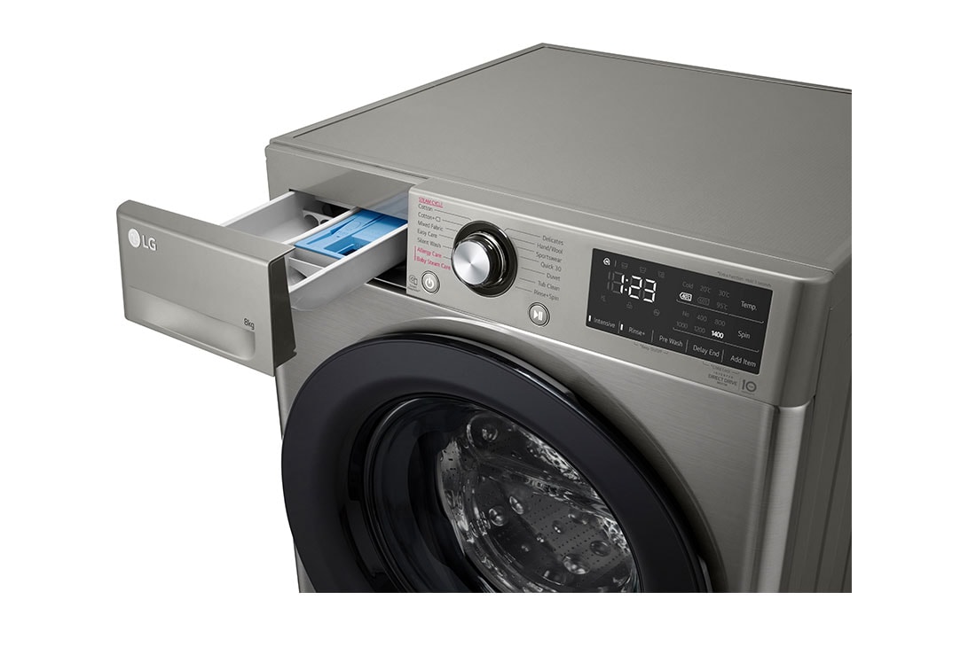 LG Front Load Washing Machine Silver Color, 9KG Capacity with AI DD™, Steam™ & ThinQ™, front detailed tray open view, WV2149PVG, thumbnail 5