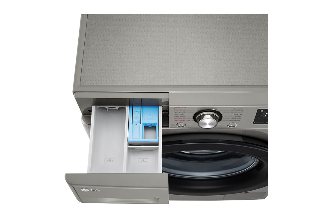LG Front Load Washing Machine Silver Color, 9KG Capacity with AI DD™, Steam™ & ThinQ™, tray open detailed view, WV2149PVG, thumbnail 7