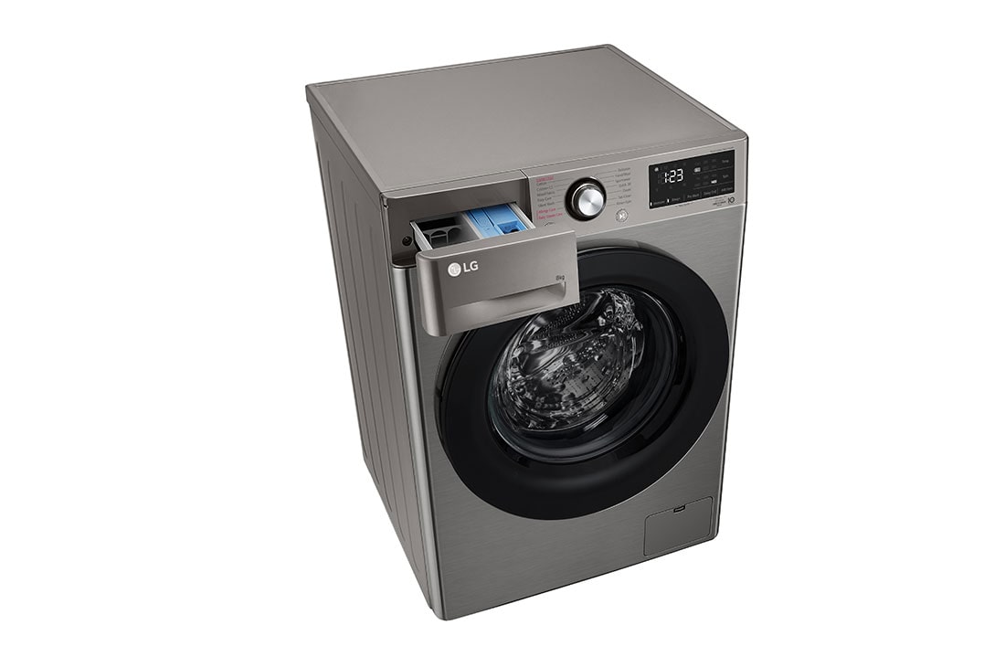LG Front Load Washing Machine Silver Color, 9KG Capacity with AI DD™, Steam™ & ThinQ™, left side perspective tray open view, WV2149PVG, thumbnail 9
