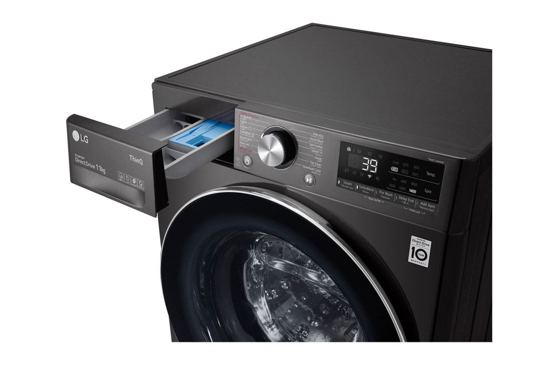 LG Front Load Washing Machine , 11KG Capacity with AI DD™, Steam+™ , Platinum Black , left tray open, WR9011PBG, thumbnail 6