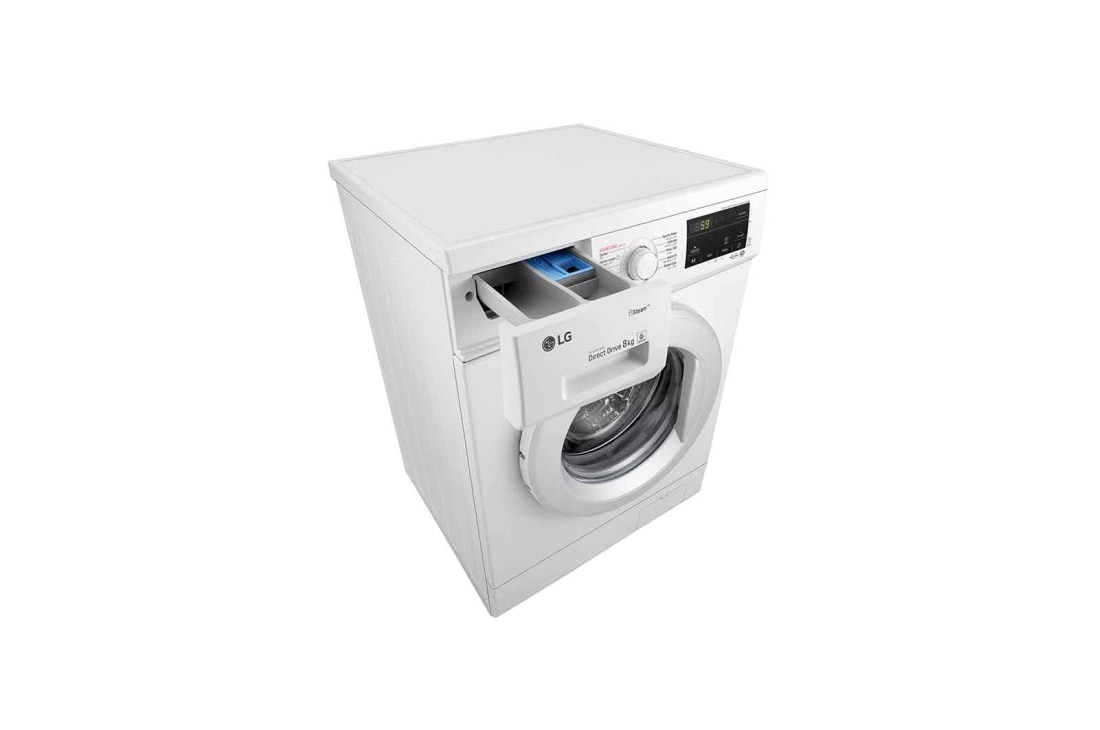LG Front Load Washer 8kg, Direct Drive Motor, Smart Diagnosis, White Color, top drawer open, WJ1408NTG, thumbnail 8