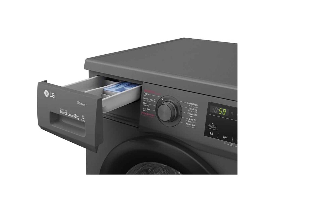 LG Front Load Washer 8kg, Direct Drive Motor, Smart Diagnosis, Middle Black Color, Detergent port, WJ1408MTG, thumbnail 4