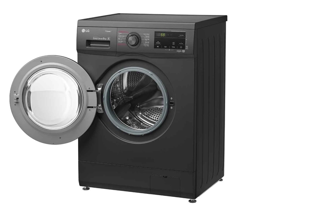 LG Front Load Washer 8kg, Direct Drive Motor, Smart Diagnosis, Middle Black Color, Right side view with open door, WJ1408MTG, thumbnail 11