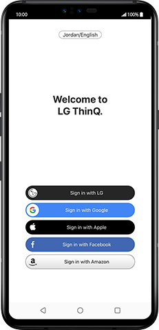 First step of how to use the LG ThinQ app and register the product.The greeting UI of LG ThinQ app when user open the app.