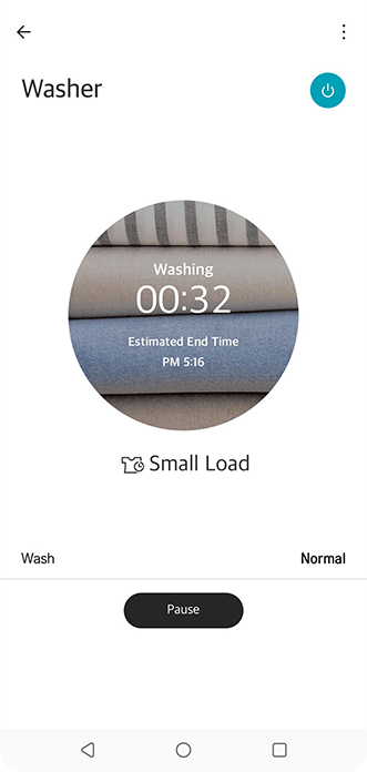 LG ThinQ app UI that shows the stauts of LG washer. It is on cotton washer cycle and 28minutes remaining.