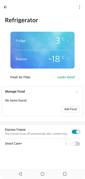 LG ThinQ app UI that shows LG refrigerator is on express freeze mode and current temperature of fridge and freezer.