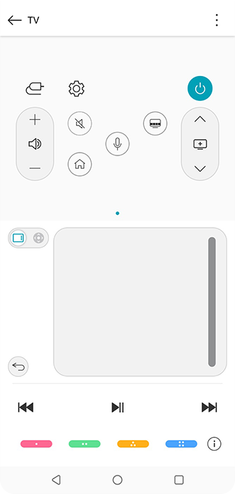 LG ThinQ app UI that shows control panel of television.
