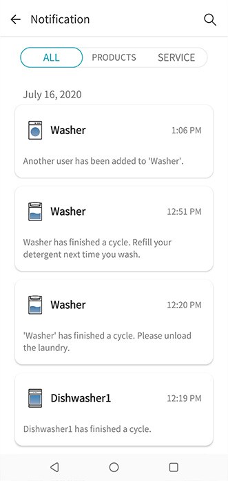 LG ThinQ app UI shows that the status of LG washer finished the laundry cycle.
