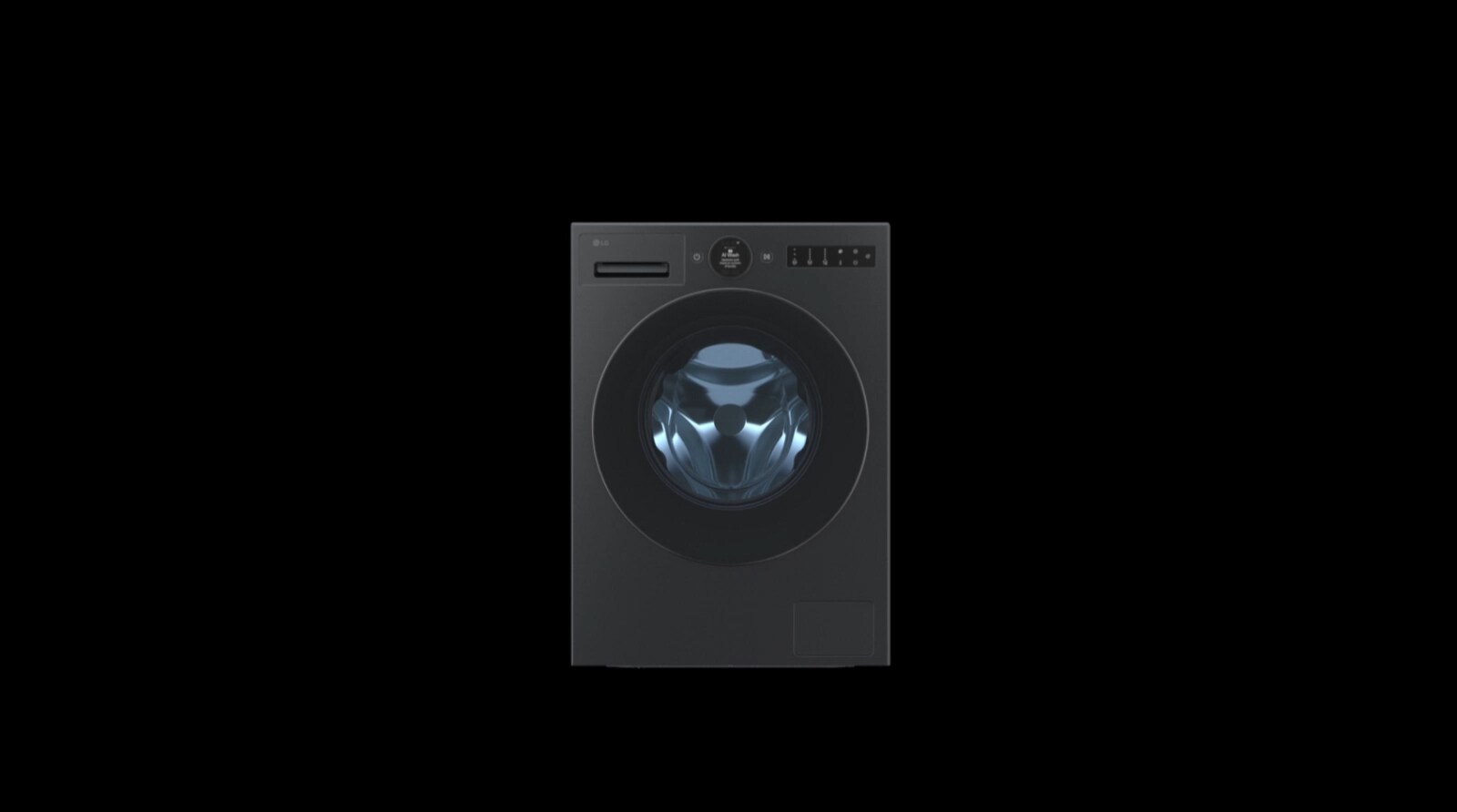 An LG washing machine is positioned centrally with a front view, and the inner drum light is turned on.