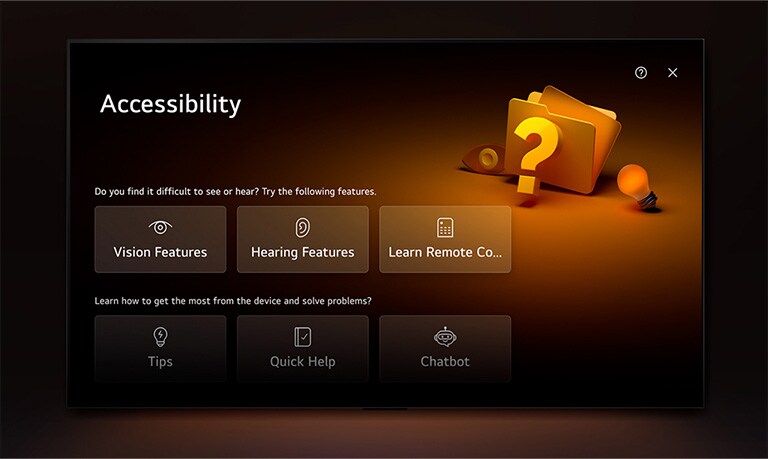 A close-up of an LG TV screen showing the buttons Sports, Home Office, Game, Music, Accessibility, Home Hub under a banner for Masters of the Air. A cursor clicks on the Accessibility button and the screen transitions into the accessibility settings screen.