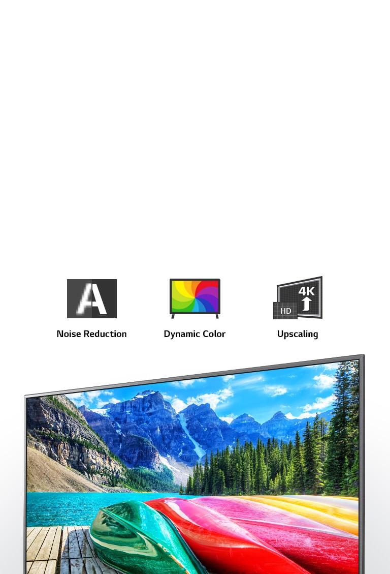 Noise reduction, dynamic color, and upscaling icons and a TV screen showing  a scenic shot of mountains, forest, and a lake.