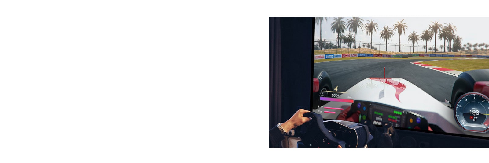 Close up view of player holding a racing wheel playing a racing game on a TV screen.