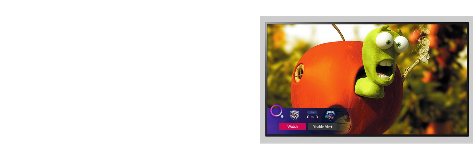 TV showing a animated cartoon character and Sports alert at the bottom of the screen.