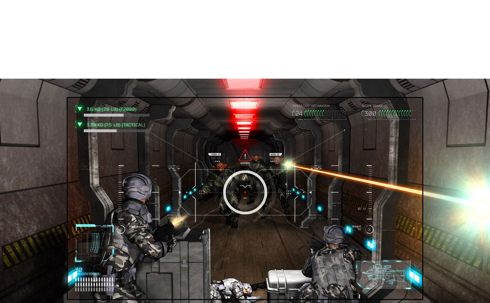 TV showing a scene from a shooting game where the player is overpowered by aliens with guns.