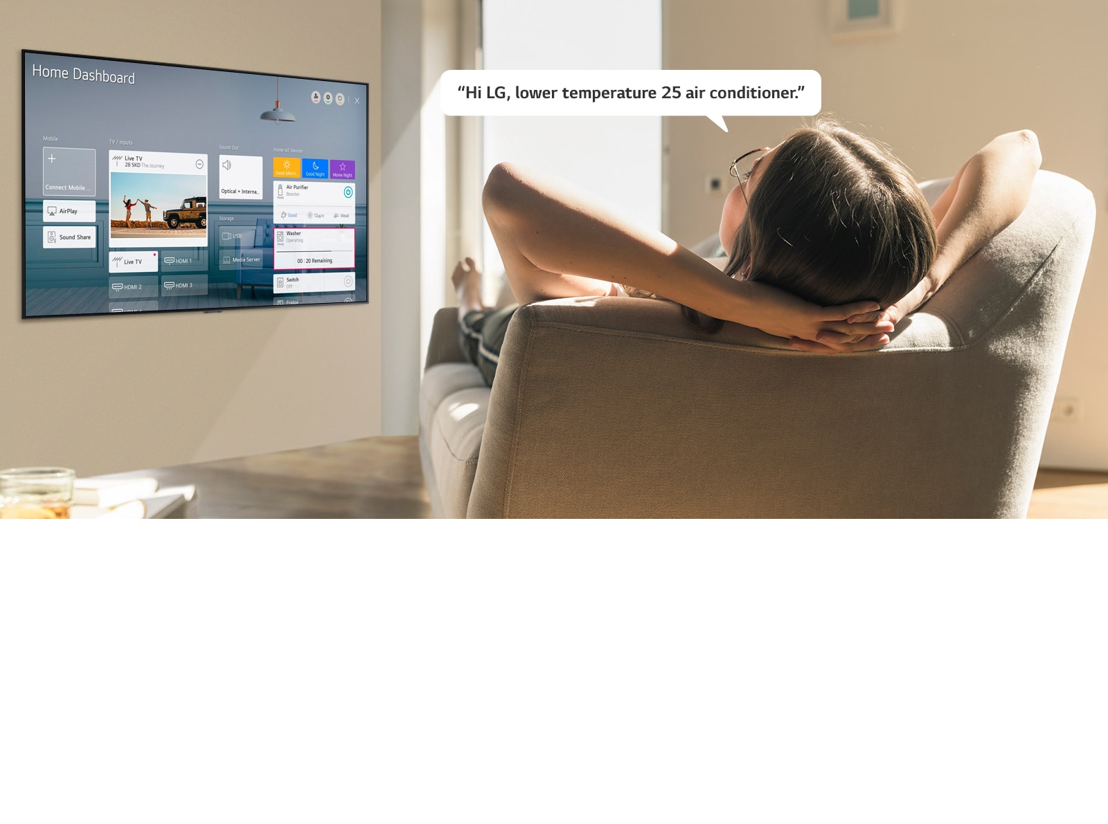 Woman lying on a sofa telling TV to lower the temperature with Home Dashboard on the TV screen