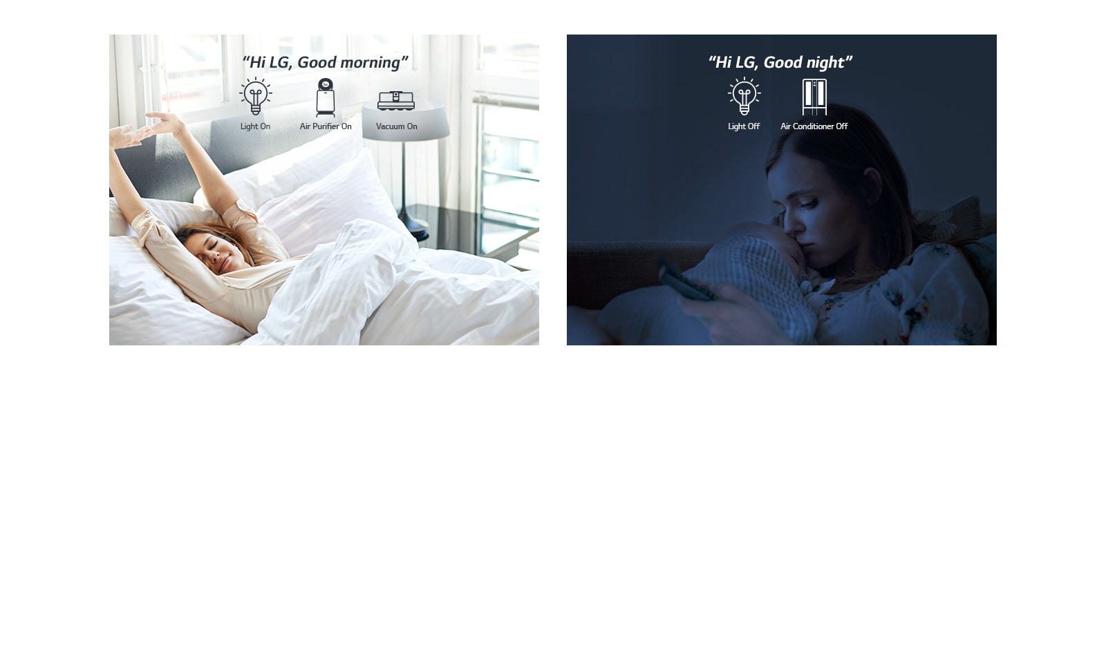 A woman in bed waking up in the morning (left) and with a baby at night (right)
