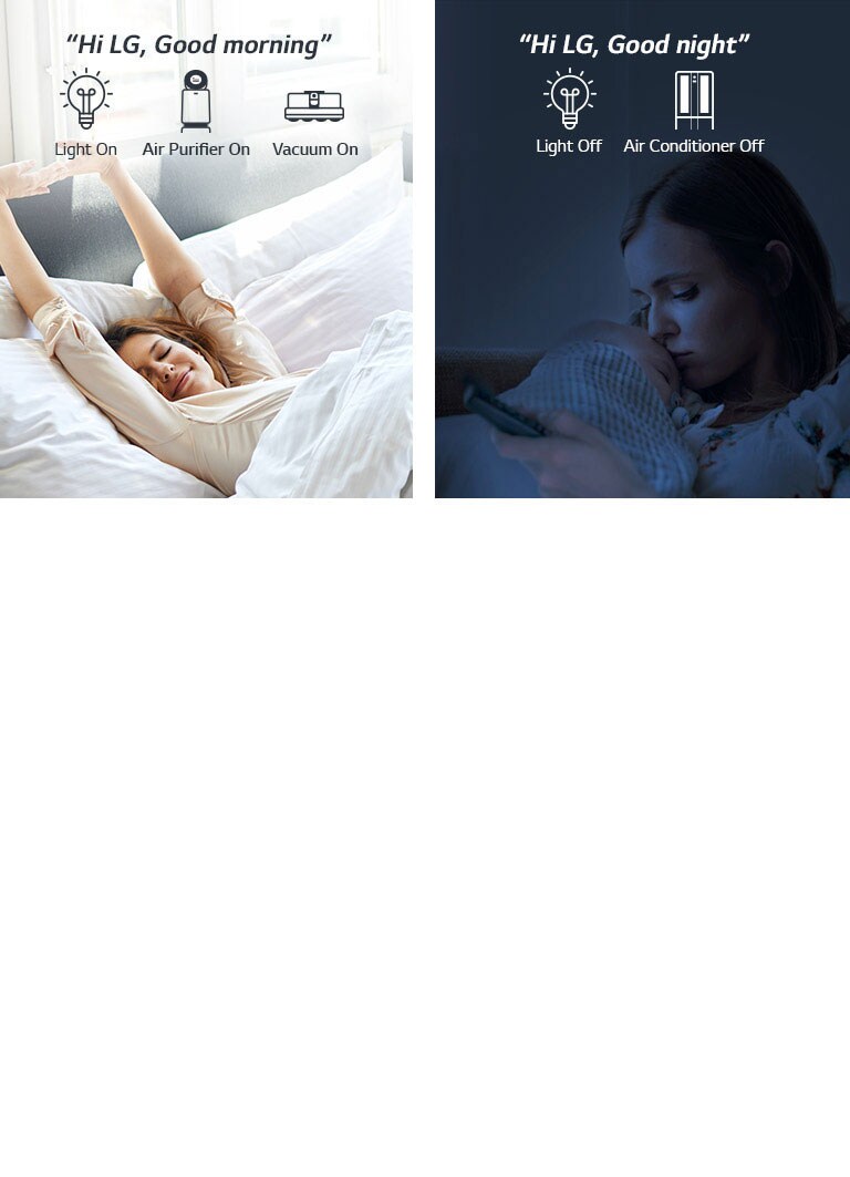 A woman in bed waking up in the morning (left) and with a baby at night (right)