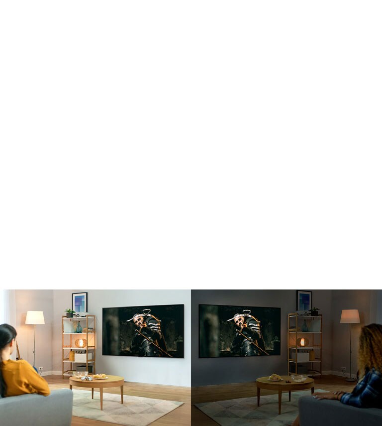 Two women watching the same scene on TV in mirrored living rooms and different brightness conditions