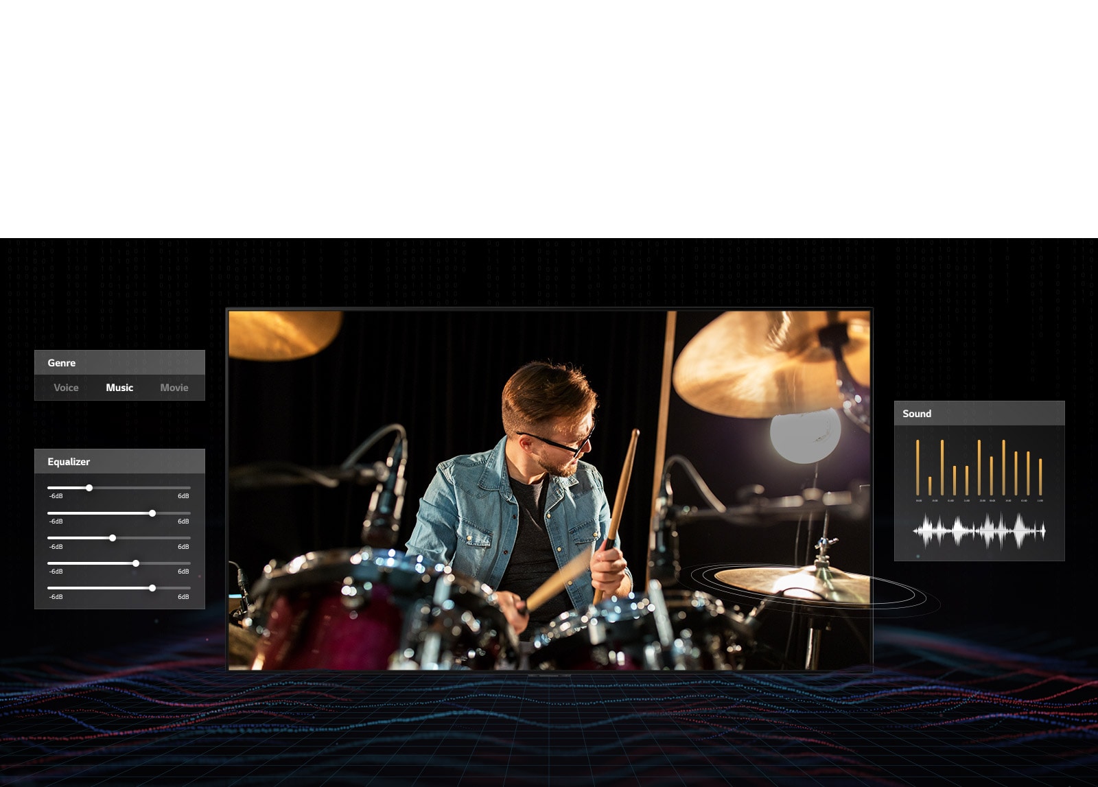 A man in glasses playing drums with music dashboard graphics on both sides