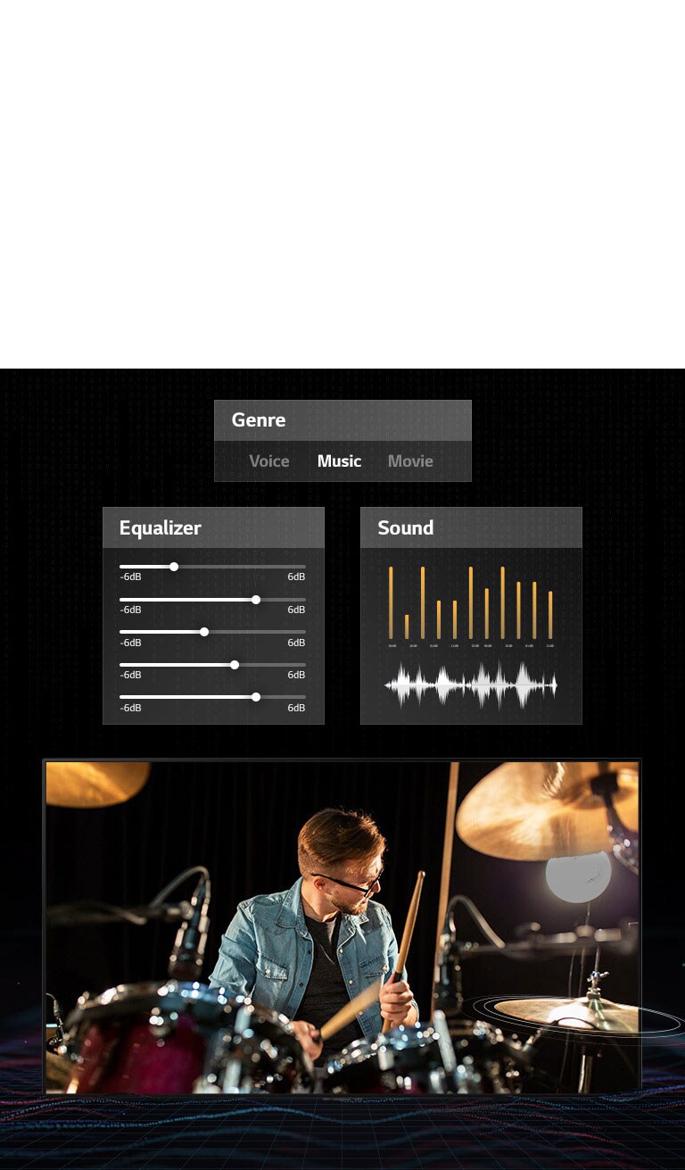 A man in glasses playing drums with music dashboard graphics on both sides