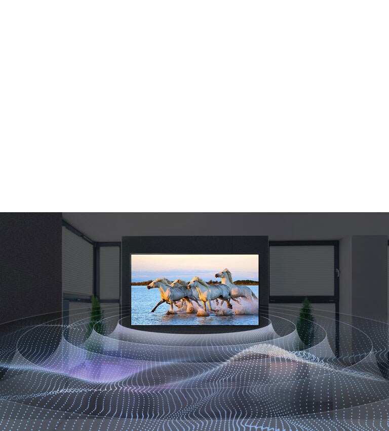 Four white horses running in the water on TV with surround sound graphic